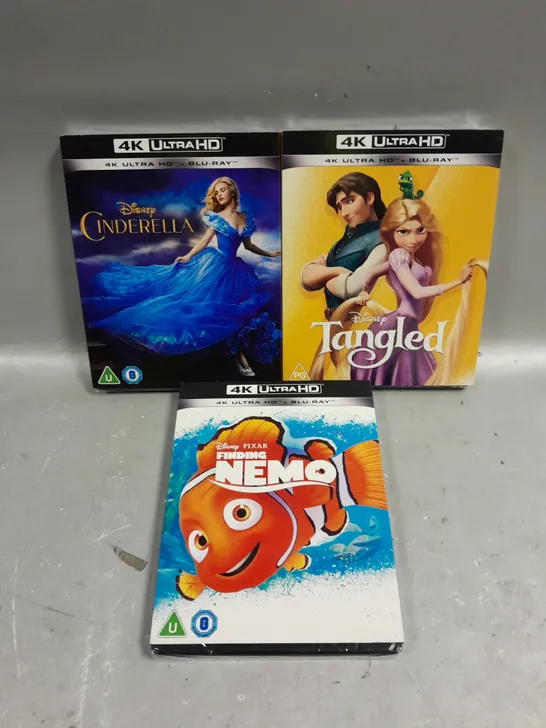 3 X ASSORTED SEALED DISNEY 4K ULTRA HD BLU-RAYS TO INCLUDE TANGLED, FINDING NEMO, CINDERELLA ETC