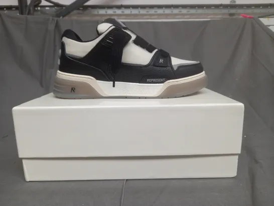 BOXED PAIR OF STUDIO REPERSENT SNEAKERS IN BLACK AND WHITE UK SIZE 8 