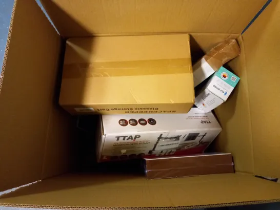 BOX OF APPROXIMATELY 10 ASSORTED HOUSEHOLD ITEMS TO INCLUDE STORAGE CART, MONITOR DESK MOUNT, GREETINGS CARDS, ETC