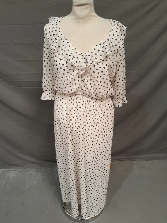 KIABI RUFFLE TRIM MIDAXI DRESS IN IVORY/BLACK SPOT SIZE 10