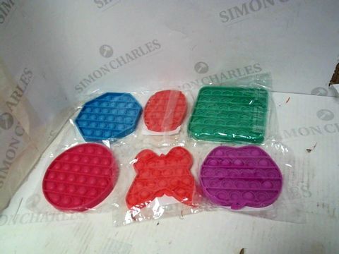 LOT OF 6 ASSORTED SHAPE AND COLOUR STRESS POPPER FIDGET TOYS