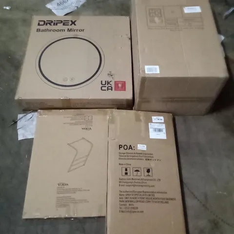 UNPROCESSED PALLET OF ASSORTED HOUSEHOLD GOODS TO INCLUDE PELONIS AIR COOLER, DREPEX BATHROOM MIRROR, AND STORAGE OTTOMAN 