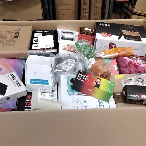 PALLET OF ASSORTED ITEMS INCLUDING COFFEE SCALE, ROLLER SKATES, BOXING REFLEX BALL, CALL CENTER HEADSETS, KITCHEN KNIFE SET