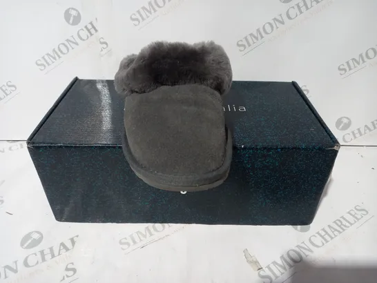 BOXED PAIR OF EMU NEST JOLIE SHEEPSKIN SLIPPERS IN CHARCOAL - SIZE 6