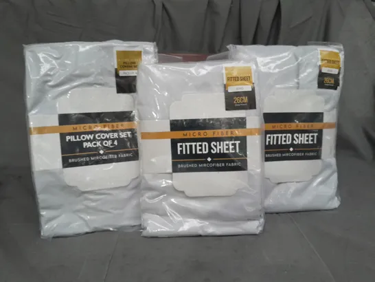 3 ASSORTED MICRO FIBER BEDDING PRODUCTS TO INCLUDE FITTED SHEET KING SIZE, PACK OF 4 PILLOW COVERS SET 