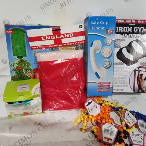 BOX OF ASSORTED ITEMS TO INCLUDE WALL GRIP, AB STRAPS, ENGLAND GLAG ETC