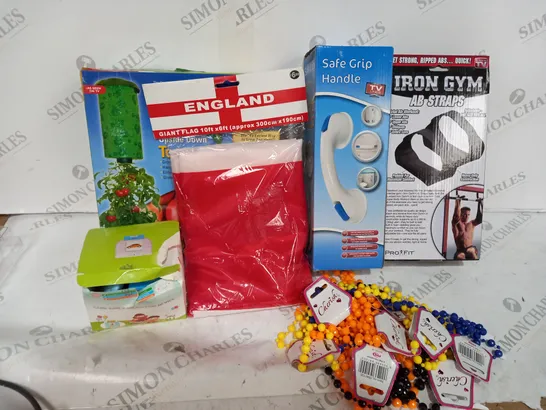 BOX OF ASSORTED ITEMS TO INCLUDE WALL GRIP, AB STRAPS, ENGLAND GLAG ETC