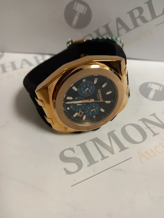 BOXED GAMAGES LONDON COMMANDER ROSE GOLD BLUE TEXTURED DIAL SILICONE STRAP WATCH 