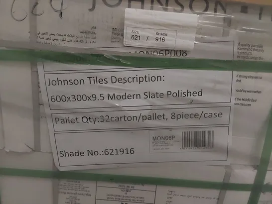 PALLET TO CONTAIN APPROX 32 X PACKS OF JOHNSON TILES MODERN SLATE POLISHED PORCELAIN FLOOR & WALL TILES - 8 TILES PER PACK // TILE SIZE: 600 X 300 X 9.5mm