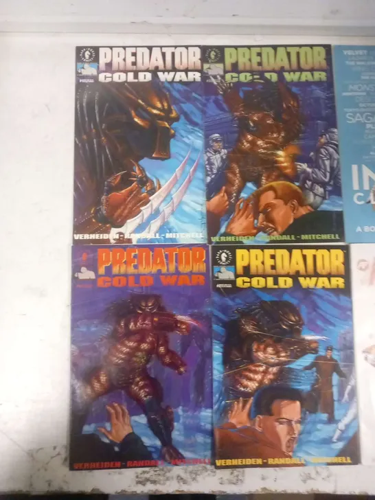 TEN ASSORTED COMICS TO INCLUDE; DARK HORSE COMICS PREDATOR, VAULT WEST OF SUDOWN, DOCTOR WHO AND SIMPSONS COMICS