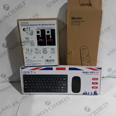 APPROXIMATELY 15 ASSORTED ITEMS TO INCLUDE WIRELESS KEYBOARD AND MOUSE, WI-FI ROUTER MOUNT FOR TP-LINK DECO M9 PLUS, EXTENSION LEAD ETC.