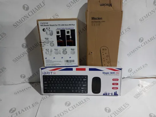 APPROXIMATELY 15 ASSORTED ITEMS TO INCLUDE WIRELESS KEYBOARD AND MOUSE, WI-FI ROUTER MOUNT FOR TP-LINK DECO M9 PLUS, EXTENSION LEAD ETC.