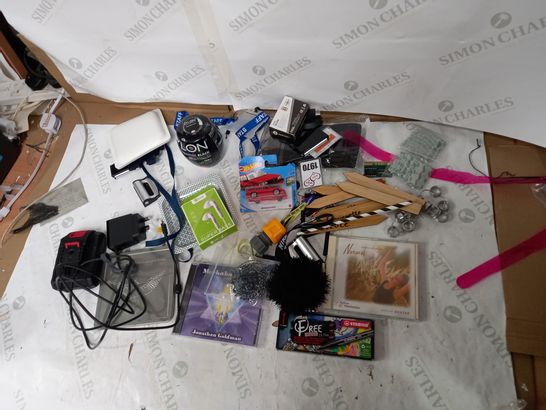 BOX OF APPROXIMATELY 22 HOUSEHOLD ITEMS INCLUDING MEDITATION CD, STABILO PEN, LEAP EARPHONES 