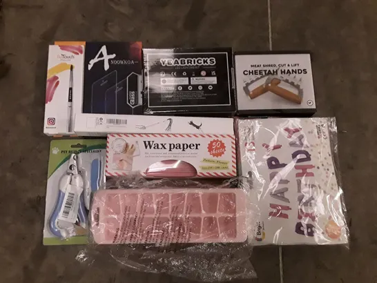 PALLET OF ASSORTED PRODUCTS INCLUDING WAX PAPER, ICE CUBE TRAY, PHONE PROTECTOR, MEAT SHRED CHEETAH HANDS, BIRTHDAY BALLOON, PET CLIPPERS