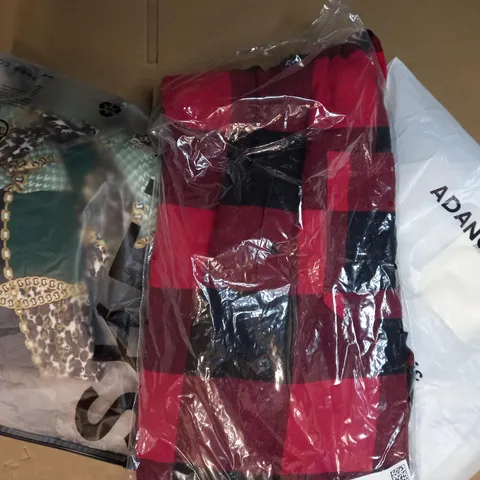 BOX OF APPROXIMATELY 10 ASSORTED CLOTHING AND FASHION ITEMS OF VARIOUS COLOURS AND STYLES TO INCLUDE SHEIN, H&M, ADANOLA, ETC