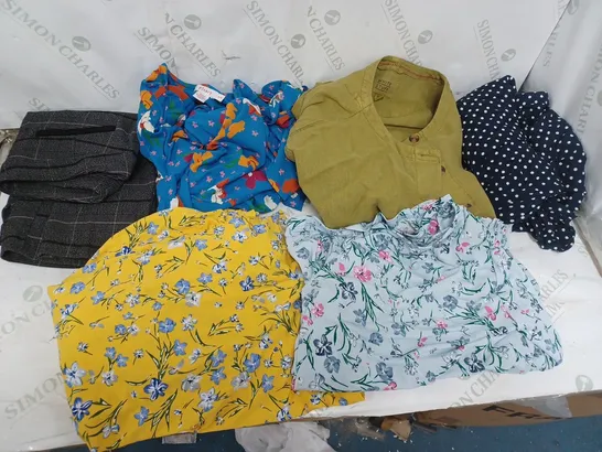 LARGE BOX OF ASSORTED CLOTHING ITEMS TOO INCLUDE TOPS , DRESSES AND TROUSERS COMING IN DIFFERENT COLOURS AND SIZES 