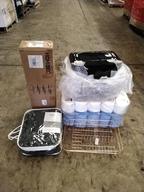 A PALLET OF VARIOUS ITEMS TO INCLUDE. HOMIDEC, LARGE ASSORTMENT OF TOILET ROLLS, AIR FYER, HEATED BLANKET AND DISH RACK 