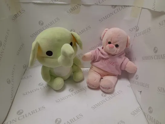 TWO ASSORTED BRAND NEW SOFT TOYS TO INCLUDE; GREEN ELEPHANT TEDDY AND INTIME PINK BEAR