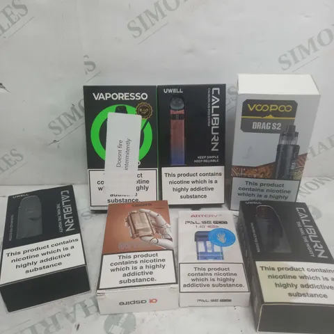 BOX OF APPROXIMATELY 15 ASSORTED E-CIGARATTES TO INCLUDE VAPORESSO, CALIBURN, UWELL ETC