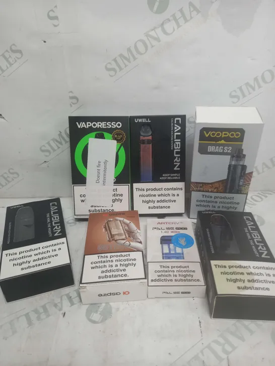 BOX OF APPROXIMATELY 15 ASSORTED E-CIGARATTES TO INCLUDE VAPORESSO, CALIBURN, UWELL ETC