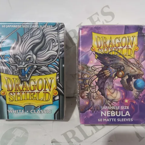 BOX OF APPROXIMATELY 20 ASSORTED DRAGON SHIELD JAPANESE SIZE CARD SLEEVE PACKS TO INCLUDE WHITE CLASSIC, & NEBULA