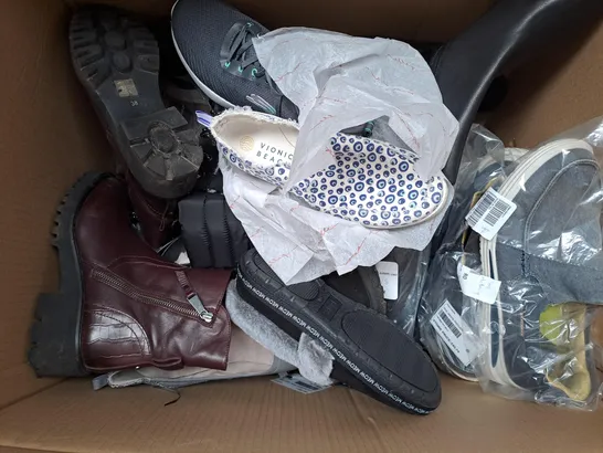 BOX OF APPROXIMATELY 8 ASSORTED PAIRS OF SHOES IN VARIOUS STYLES AND SIZES TO INCLUE TRAINERS , SLIPPERS , BOOTS ETC