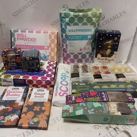 LOT OF ASSORTED FOOD AND DRINK ITEMS TO INCLUDE WILLPOWDER, HOTEL CHOCOLAT AND GNAW