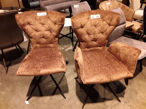 PAIR OF DESIGNER BROWN FABRIC BUTTONED BACK SWIVEL DINING CHAIRS