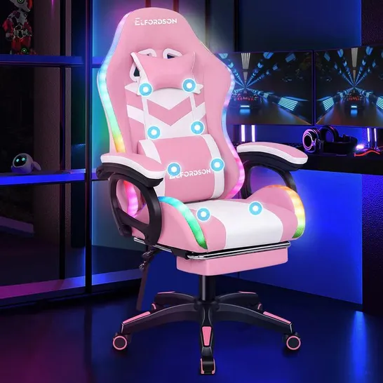 BOXED ELFORDSON GAMING CHAIR WITH RGB LED LIGHT 8-POINT MASSAGE - PINK (1 BOX)