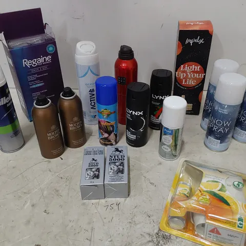 TWO TOTES OF ASSORTED AEROSOLS INCLUDING, SNOW SPRAY, 2 × WOMENS REGAINE, BODY SPRAYS BY LYNX, NIVEA, SURE, AIR WICK KIT, HOLTS TYREWELD, TYRE CLEANER, FOAMING SOAP, HAIR CARE PRODUCTS 