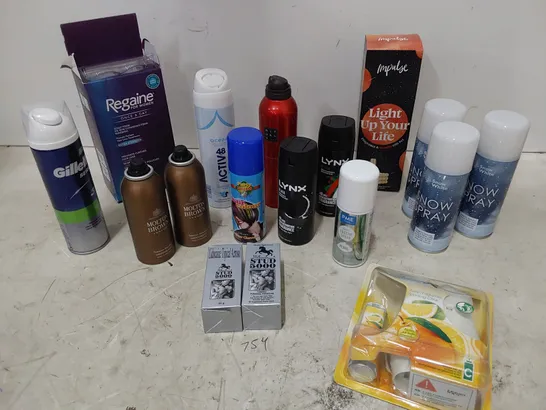 TWO TOTES OF ASSORTED AEROSOLS INCLUDING, SNOW SPRAY, 2 × WOMENS REGAINE, BODY SPRAYS BY LYNX, NIVEA, SURE, AIR WICK KIT, HOLTS TYREWELD, TYRE CLEANER, FOAMING SOAP, HAIR CARE PRODUCTS 