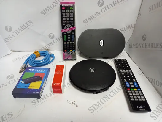 APPROXIMATELY 20 ASSORTED HOUSEHOLD ELECTRICAL ITEMS TO INCLUDE ROUTERS, NETWORK CABLES, REPLACEMENT REMOTE CONTROLS ETC 