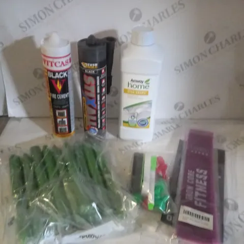 BOX OF APPROX 5 HOUSEHOLD ITEMS INCLUDING AMWAY HOME DISH DROPS, VITCAS BLACK FIRE CEMENT AND STICK CANDLES