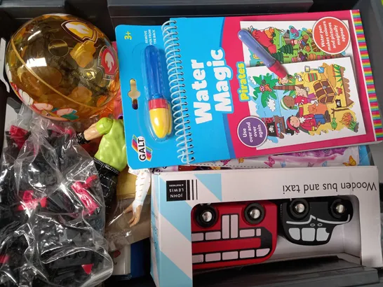 BOX OF APPROX 15 OF ASSORTED TOYS TO INCLUDE - HANDHELD KTV WIRELESS MIRCROPHONE - WOODEN BUS & TAXI - PAW PATROL BALL ECT