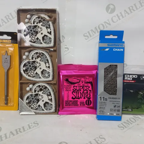 LOT OF APPROXIMATELY 10 ASSORTED HOUSEHOLD ITEMS TO INCLUDE ERNIE BALL SUPER SLINKY GUITAR STRINGS, SHIMANO CHAIN, CHOD RIG MICRO BARB, ETC