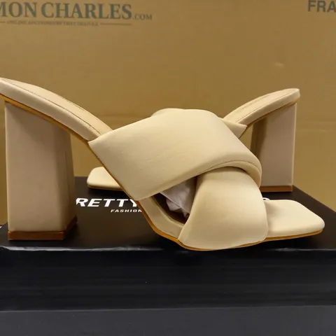 BOXED PAIR OF PLT BEIGE TOE QUILTED BLOCK HEEL MULES - SIZE 6