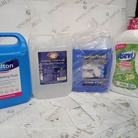 4 ASSRTED LIQUIDES TO INCLUDE: DISINFECTANT FLUID, WHITE VINEGAR, ASEVI LAUNDRY DETERGENT, SNOW FOAM SHAMPOO COLLECTION ONLY