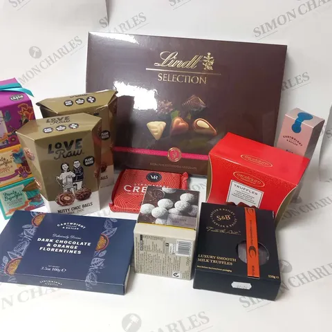 APPROXIMATELY 10 ASSORTED CHOCOLATE PRODUCTS TO INCLUDE; LINDT SELECTION, LOVE RAW NUTTY CHOC BALLS, MONTY BOJANGLES, CARTWRIGHT AND BUTLER AND SADLER AND BAILEY