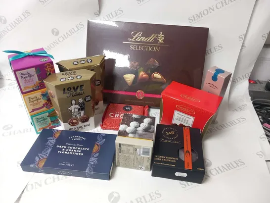 APPROXIMATELY 10 ASSORTED CHOCOLATE PRODUCTS TO INCLUDE; LINDT SELECTION, LOVE RAW NUTTY CHOC BALLS, MONTY BOJANGLES, CARTWRIGHT AND BUTLER AND SADLER AND BAILEY
