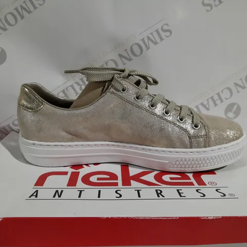 BOXED PAIR OF RIEKER GOLD METALLIC TRAINERS - SIZE 6.5