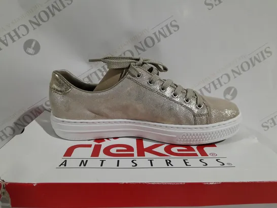 BOXED PAIR OF RIEKER GOLD METALLIC TRAINERS - SIZE 6.5