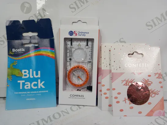 LOT OF APPROXIMATELY 10 ASSORTED HOUSEHOLD ITEMS TO INCLUDE BLU TACK, COMPASS, ROSE GOLD CONFETTI, ETC