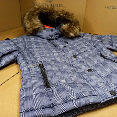 STYLE OF SUPERDRY BLUE CHECK FUAX FUR TRIMED HOOD - MEDIUM