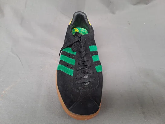 BOXED PAIR OF ADIDAS SHOES IN BLACK/GREEN/YELLOW UK SIZE 10