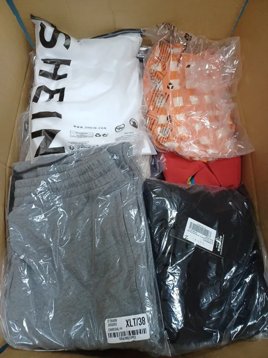 LARGE BOX OF ASSORTED CLOTHING ITEMS IN VARIOUS COLOURS AND SIZES INCLUDING TROUSERS , TOPS AND JUMPERS 