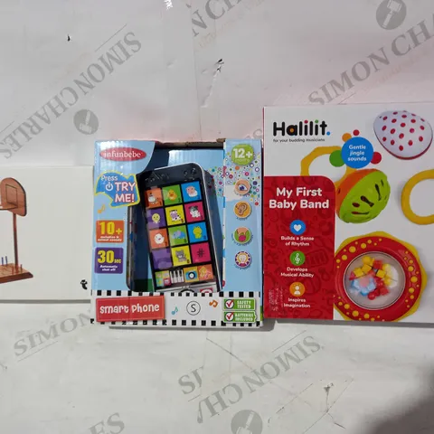 BOX OF APPROXIMATELY 5 ASSORTED TOYS AND GAMES TO INCLUDE HALILIT MY FIRST BABY BAND, INFUNBEBE SMART PHONE, TABLE TOP BASKETBALL GAME, ETC