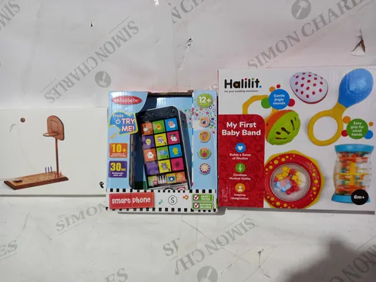 BOX OF APPROXIMATELY 5 ASSORTED TOYS AND GAMES TO INCLUDE HALILIT MY FIRST BABY BAND, INFUNBEBE SMART PHONE, TABLE TOP BASKETBALL GAME, ETC