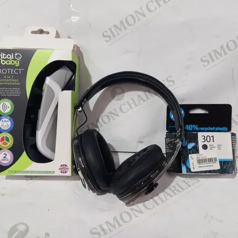 BOX OF APPROXIAMTELY 8 ASSORTED HOUSEHOLD ITEMS TO INCLUDE HP INK CARTRIDGE, SENNHEISER OVER-EAR HEADPHONES, VITAL BABY 4-IN-1 CONTACTLESS THERMOMETER, ETC