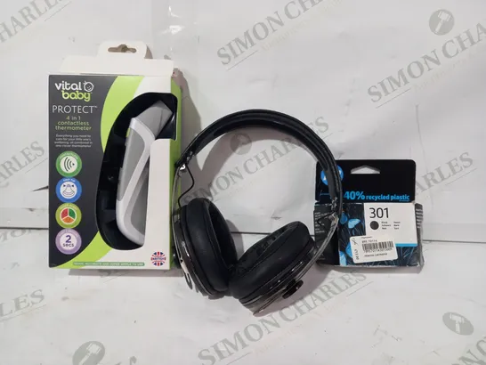 BOX OF APPROXIAMTELY 8 ASSORTED HOUSEHOLD ITEMS TO INCLUDE HP INK CARTRIDGE, SENNHEISER OVER-EAR HEADPHONES, VITAL BABY 4-IN-1 CONTACTLESS THERMOMETER, ETC