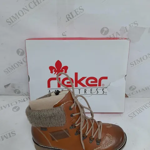 BOXED PAIR OF RIEKER WATER RESISTANT HIKING BOOTS IN BROWN ZIP UP SIZE 4